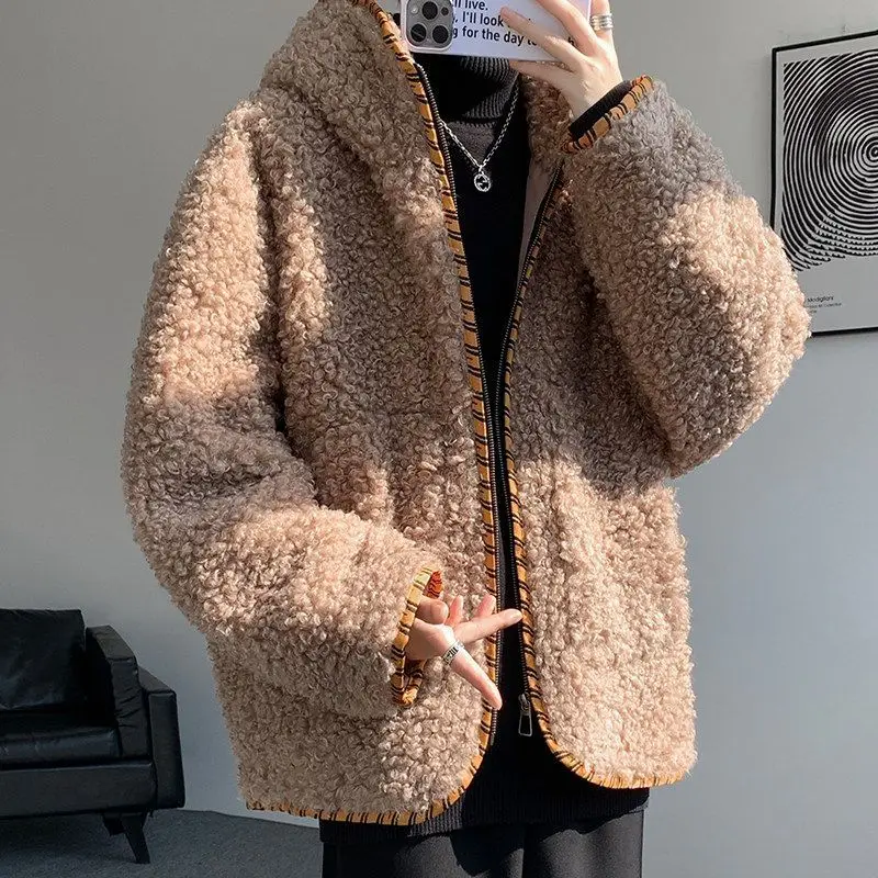 

Thiened Large Size Men's Cotton Jaet Lamb Fur Vest Winter Warm Hooded Coat American Sle Youth Faion Online Exclusive