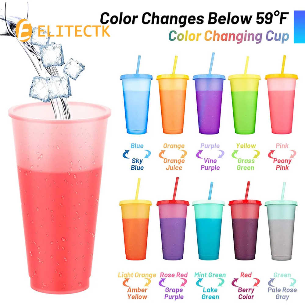 10 Pack Color Changing Cups with Lids and Straws, 24 oz Plastic Cups Kids Tumbler, Reusable Cups for Iced Coffee Drinking Summer