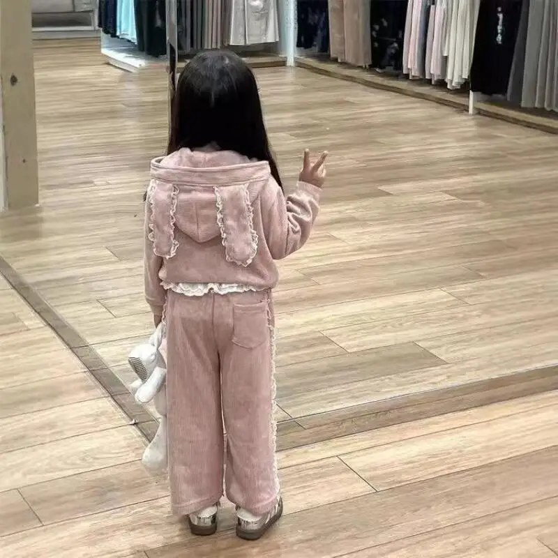 جديد 2025 مع قلنسوة للفتيات سراويل واسعة الساق مكونة من قطعتين معطف ربيع الخريف للأطفال من الدانتيل مع آذان أرنب ملابس حلوة لطيفة #3