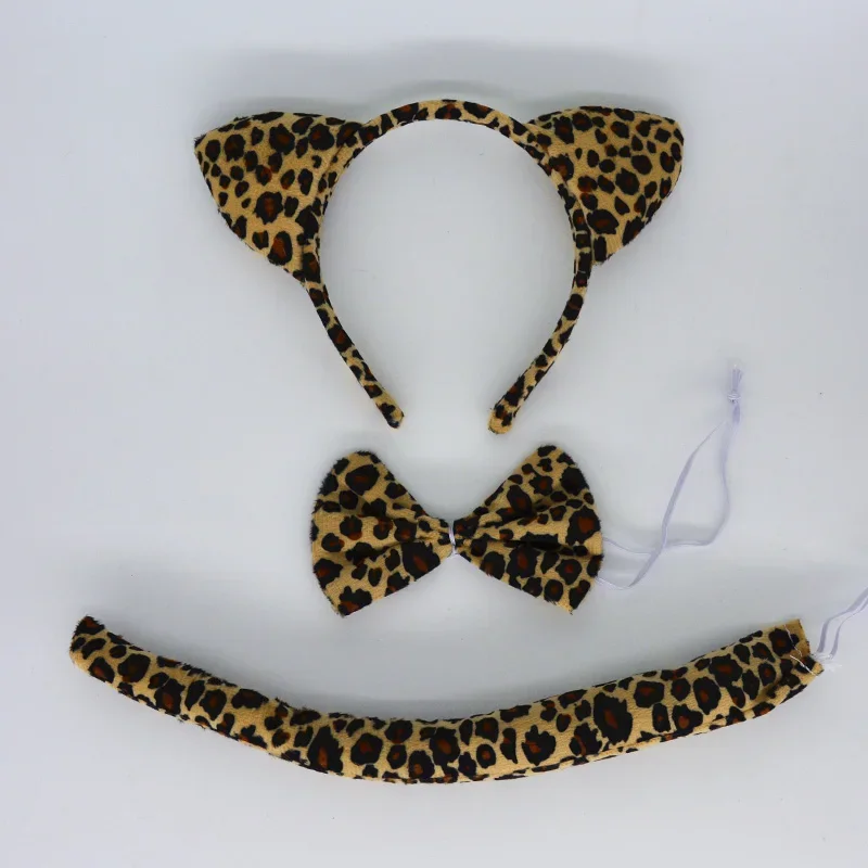 Adults Kids Plush Cartoon Animal Leopard Headband Ears Bow Tie Tail   Birthday Party  Costume    Halloween Christmas