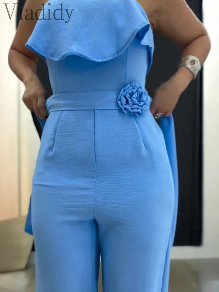 Elegante effen kleur bandeau mouwloze gebonden detail ruches romper jumpsuit voor dames