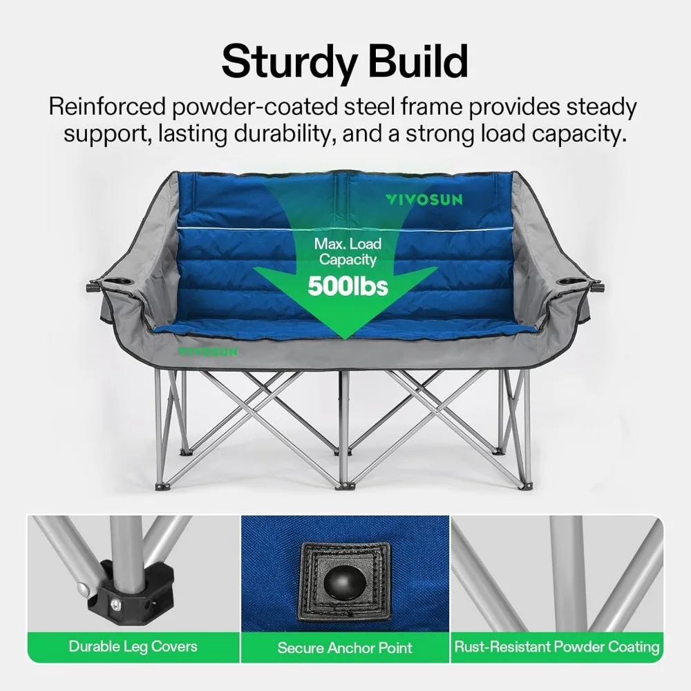 Cadeira de acampamento dupla VIVOSUN, loveseat dobrável totalmente acolchoado, cadeira duo grande com suportes para copos e copos de vinho, bolso, braços