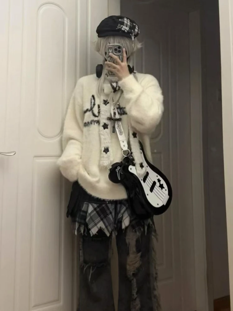 الأمريكية خمر الحلو حار سترة متماسكة لون نقي طويلة الأكمام ثقافة فرعية إلكتروني نمط موضة بلوزة كاجوال امرأة الخريف