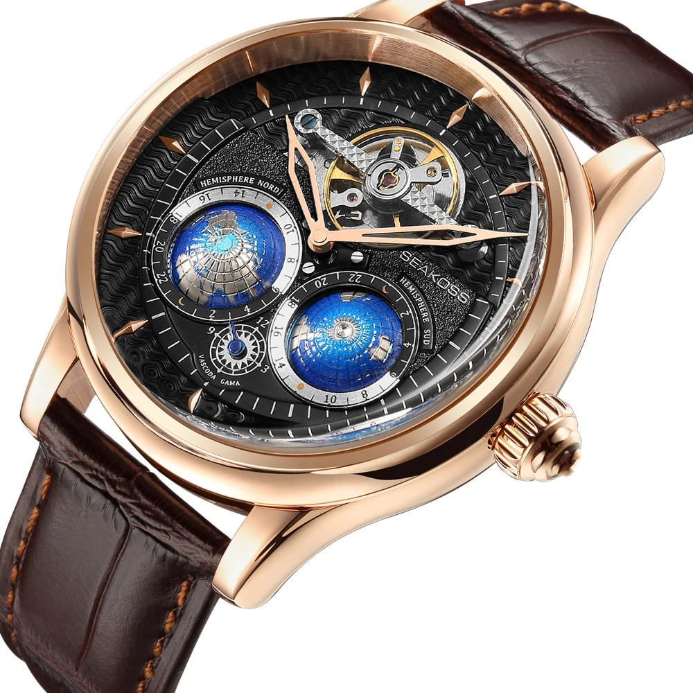 SEAKOSS Luxe dubbele aarde roterende mechanische herenhorloge Automatisch uurwerk Waterdichte klok Piloten Heren 1963 vliegwielhorloges