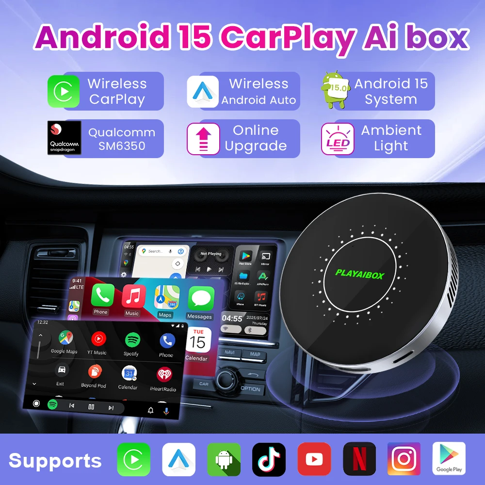 Android 15 CarPlay Ai Box SM6350 8G + 128G مدمج بنظام تحديد المواقع اللاسلكي CarPlay Android Auto 5G LTE يدعم Youtube Netflix لـ MG BYD VW