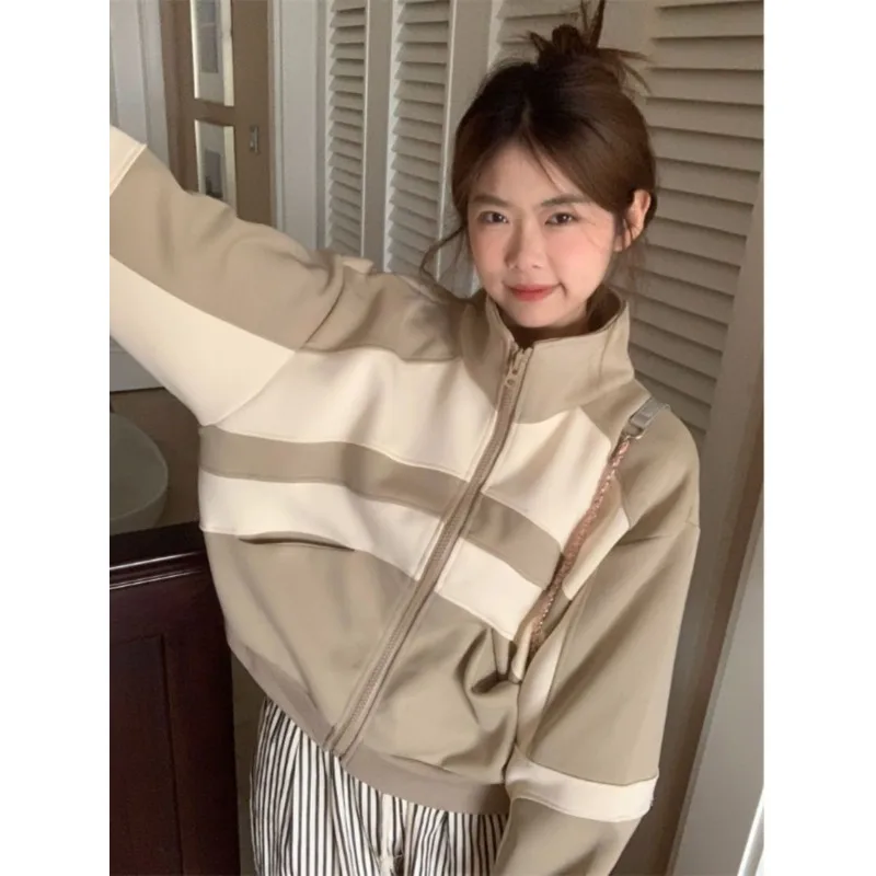 

Retro Sense Color Match Stand Collar Hoodie Jacket Female Autumn and Winter 2023 Loose Lazy Wind Fallow A Baseball Cardigan