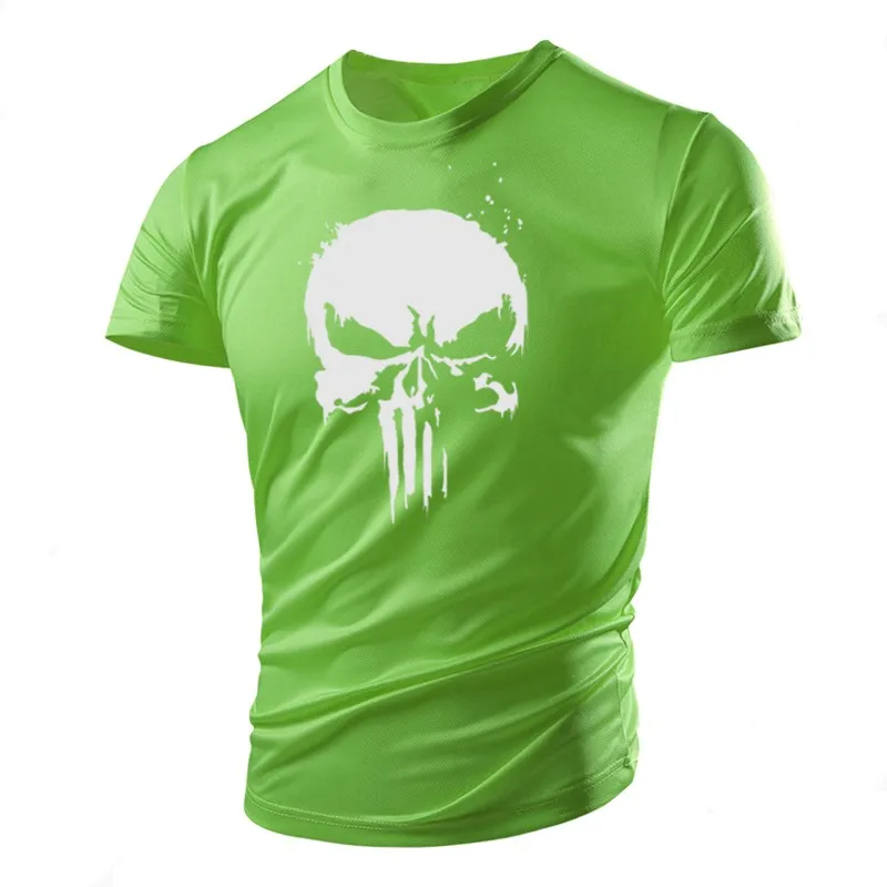 New Handsome Skull Pattern Muscular Men T-shirt Sports Tough Guy Style Outdoor Light And Thin Summer Breathable Stretch Top