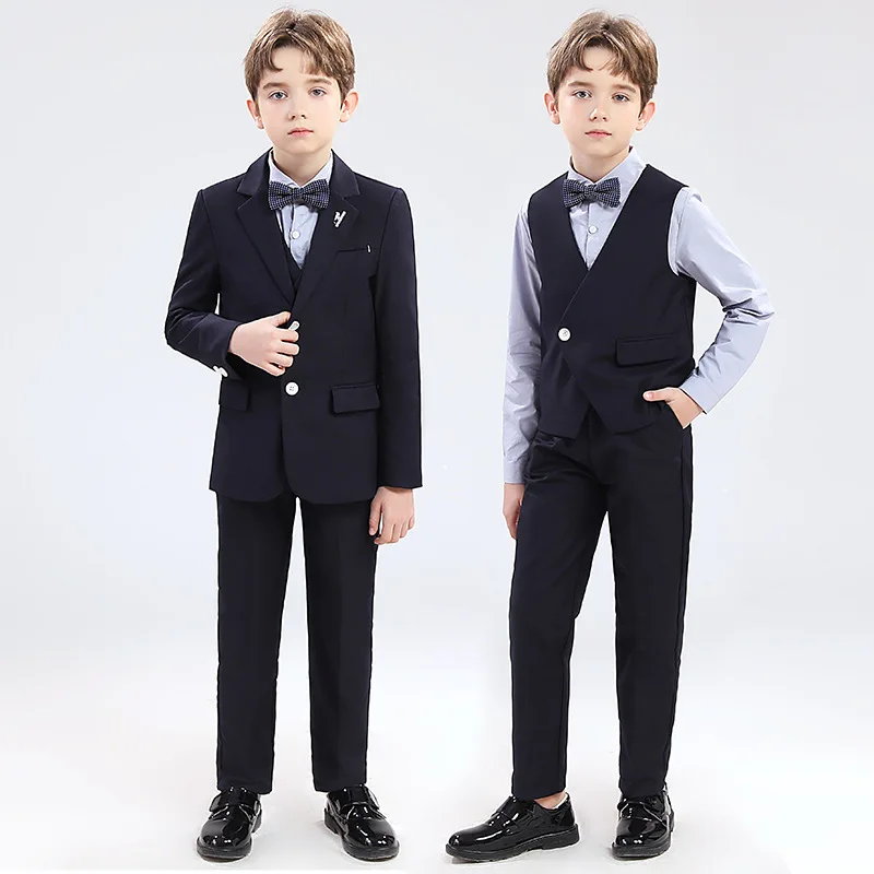 

Boys Navy blue Slim Fit Suits Formal Wear Children Teenager Best man Host Performance Clothes Kids Students Party Full Dress