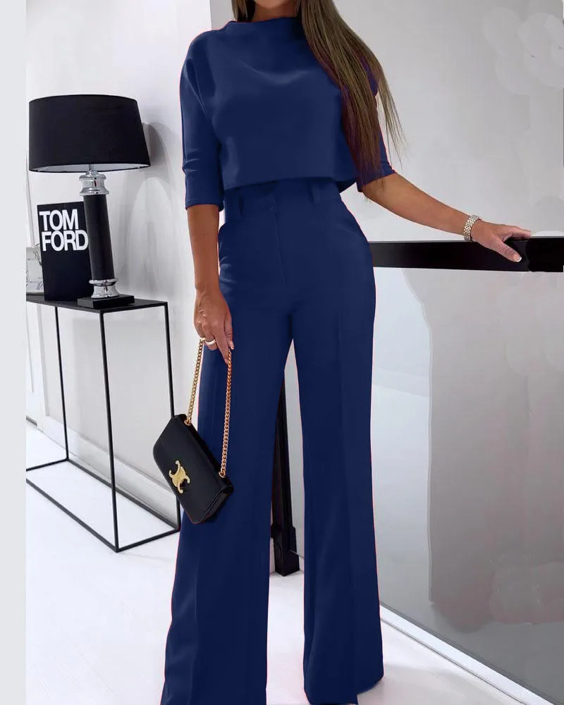 Drauuing 2 Pieces Sets Elegant T Shirts Half Sleeve And Wide Leg Pant Outfits Women Solid 2 Pant Sets For Women Casual Fashion