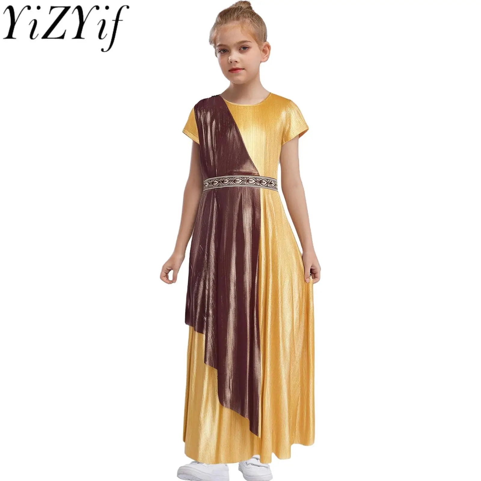 

Halloween Kids Girls Greek Toga Princess Cosplay Dress Medieval Vestments Choir Vintage Metallic Dress for Carnival Party Dress