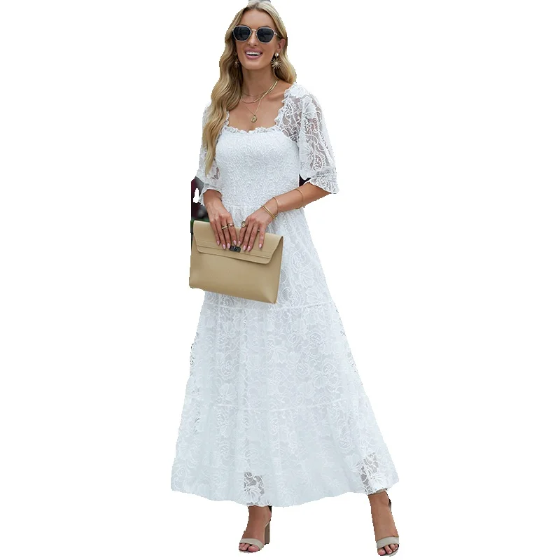 

Shi Ying White Lace Crochet Pleated High Waist A-Line Long Dress Wrapped 619021