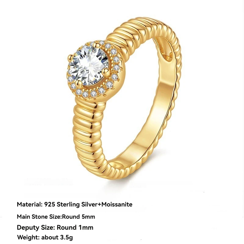 

925 Sterling Silver D Color VVS1 5mm Moissanite Women's Ring -Gold Plated Wedding Band & Bridal Engagement Ring Gift
