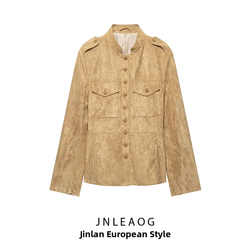 JNLEAOG Fashionable Long Sleeve Stand Collar Leather Jacket Coat Women's Autumn New Style Polyester Fabric Standard Fit