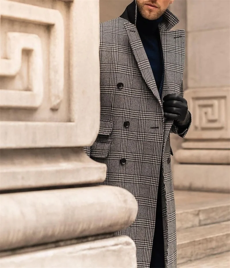 Cappotto da uomo pied de poule cappotto lungo doppiopetto formale in lana spessa inverno stile inglese giacca maschile su misura Kingcoat