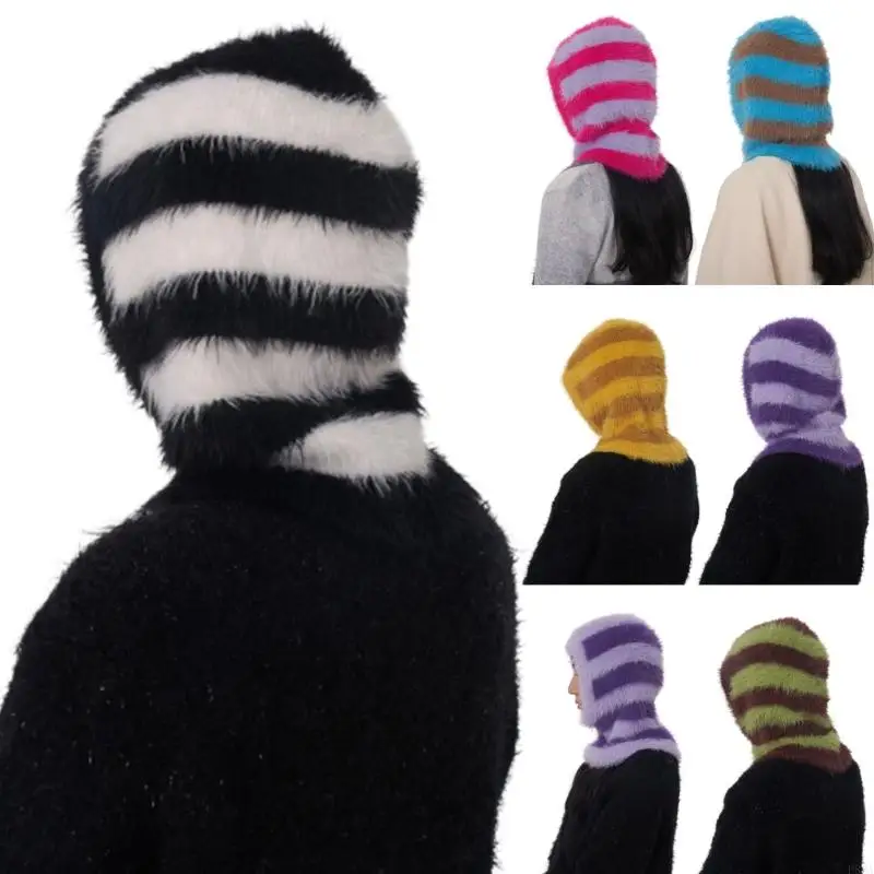 

P88A Versatile Hooded Hat Plush Hat Balaclava Striped Face Cover Keep Warm Outdoor