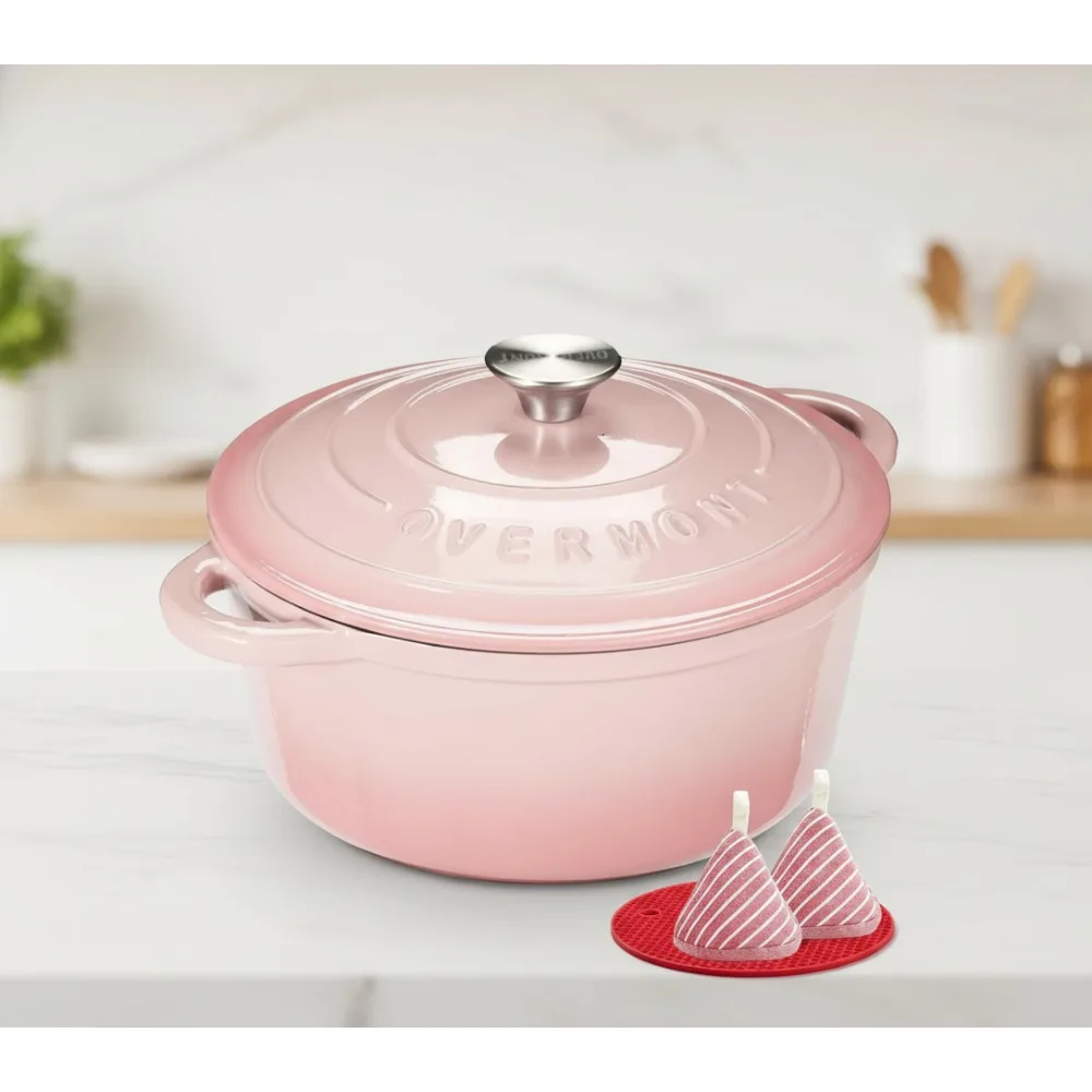 

5,5QT Эмалированная чугунная голландская духовка с крышкой — сверхпрочная посуда для тушения, тушения, выпечки, розовая