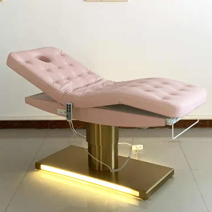 

Electric Massage Bed, 3 Motors Tufted Leather Salon Spa Bed, Gold Pink LED Lighting, Cosmetic Table, Commercial Salon Furniture