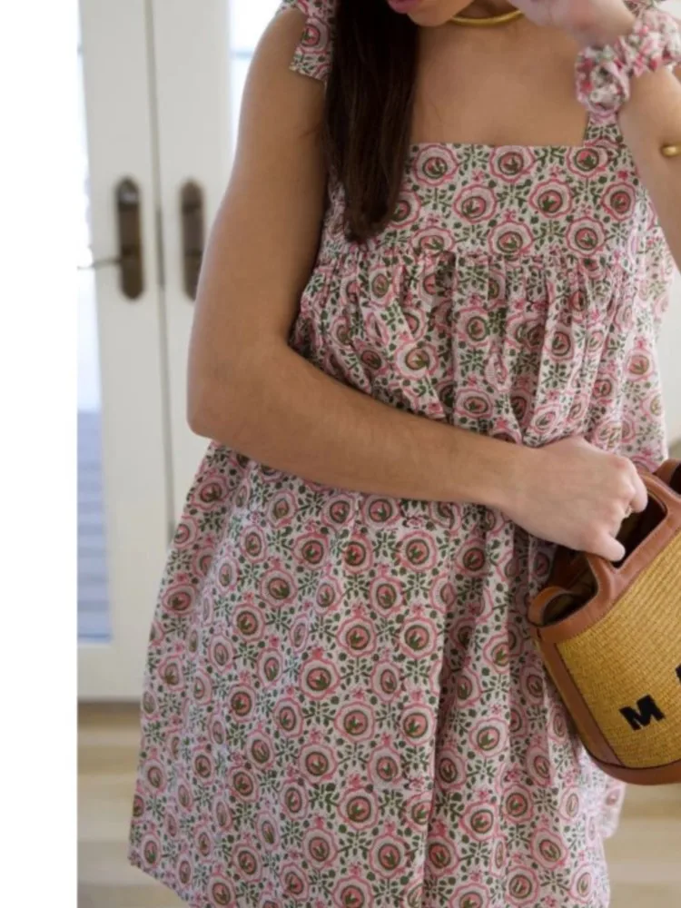 Mini abiti da donna con stampa Abito con scollo quadrato Boho Flowy Abiti estivi Para Mujer Beach Holiday Abito con bretelle ampio e casual