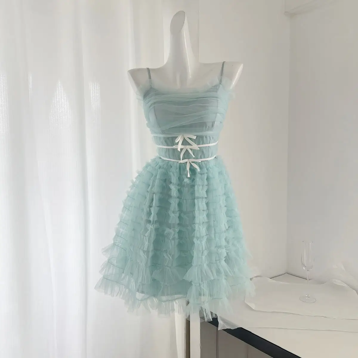 

Ballet Style Sweet Girls Bow Princess Suspender Dress Summer Chiffon Yarn Waist Wrap Slimming A-line Cake Short Dress for Women