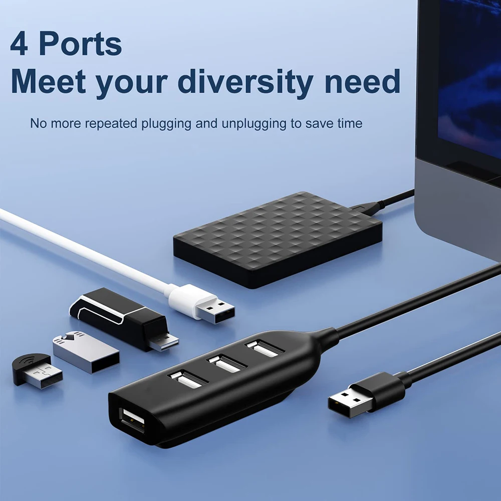 High Speed USB Hub 4 Port USB 2.0 with Cable Mini USB Splitter Hub Use Power Adapter Multiple Socket For PC Laptop Notebook