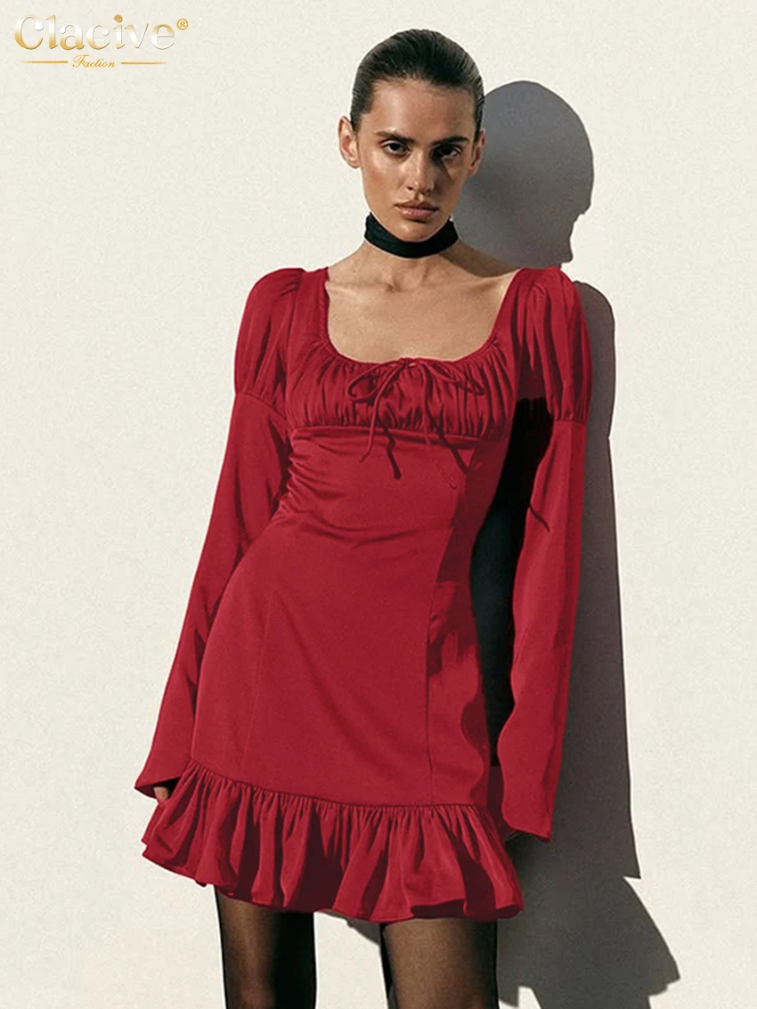 

Clacive Fashion Slim Red Women's Dress 2026 Sexy Square Collar Long Sleeve Mini Dresses Elegant Classic Lace-Up Female Dress