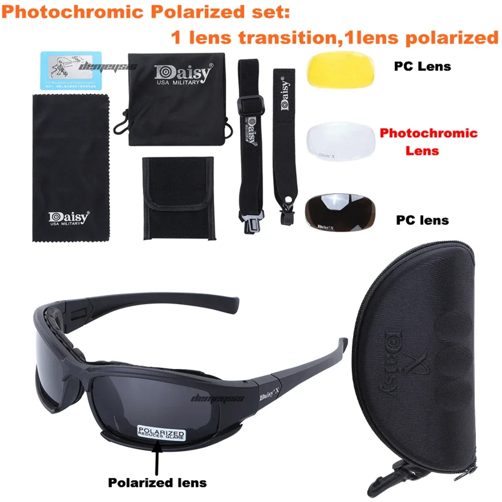 Daisy Photochromic Polarized Glasses Transition Sunglasses Goggles 4 Lens Kit War Game Tactical Hiking Glasses