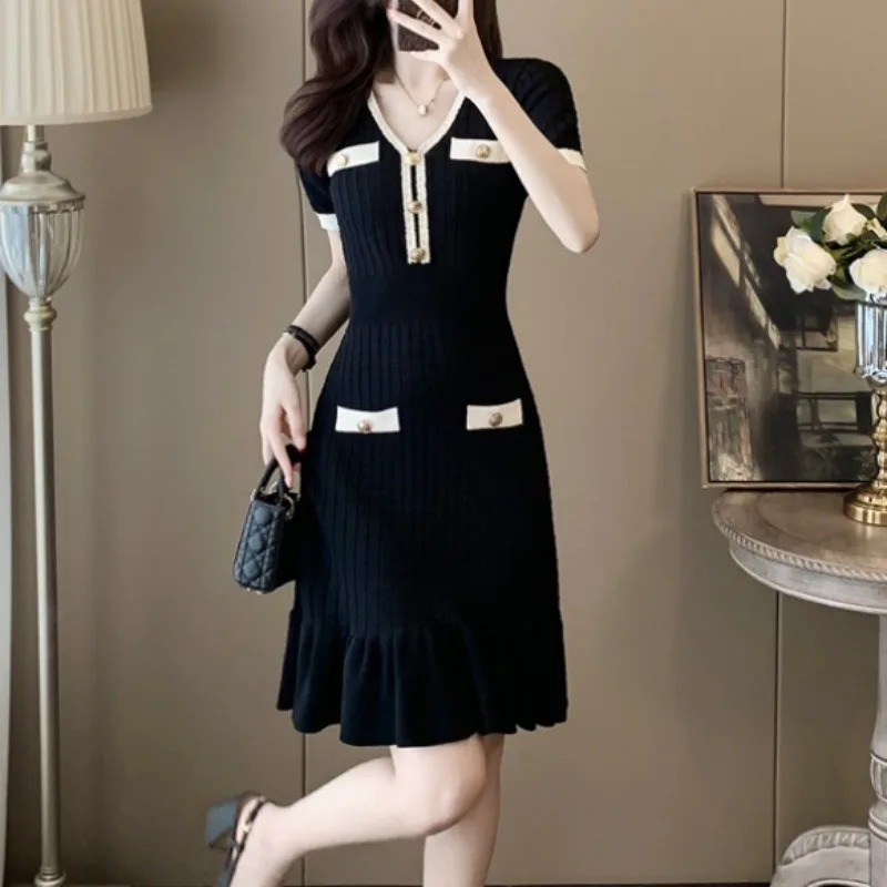 Sexy Chic Elastic V Neck Metal Buckle Knit Memaid Dress Vestidos Korean Fashion Party Basic Slim Summer Elegant Women Dresses