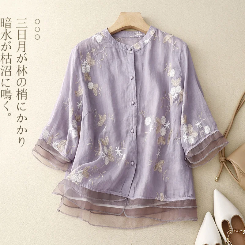 

Женская льняная блузка с цветочной вышивкой, рукавом 3/4, оборками по низу, на пуговицах, повседневный топ