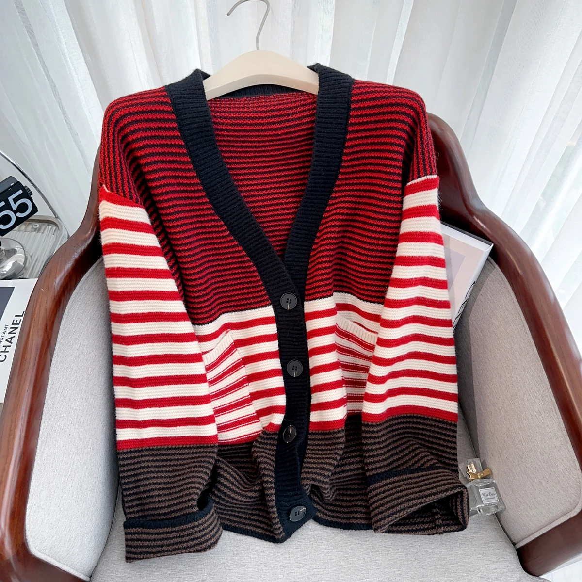 Camisola de malha listrada cardigan feminino com decote em v manga longa casacos soltos jaquetas outono inverno elegante chique moda senhoras jumpers topo