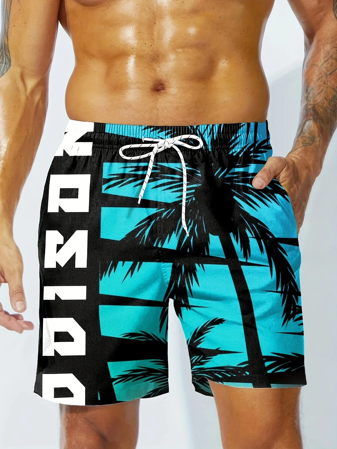 Hawaiianische Badehose für Herren, 3D-Gradienten-Palmendruck, Strandshorts, schnell trocknend, Outdoor-Freizeit-Sportshorts, modische Herrenshorts