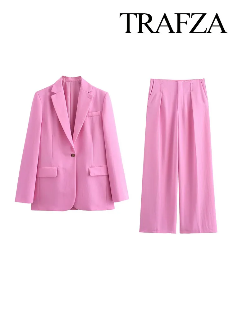 

TRAFZA Women's Commuting Suit Retro Button Pocket Decorated Lapel Blazer + High Waist Office Women's Casual Wide Leg Pants Suit