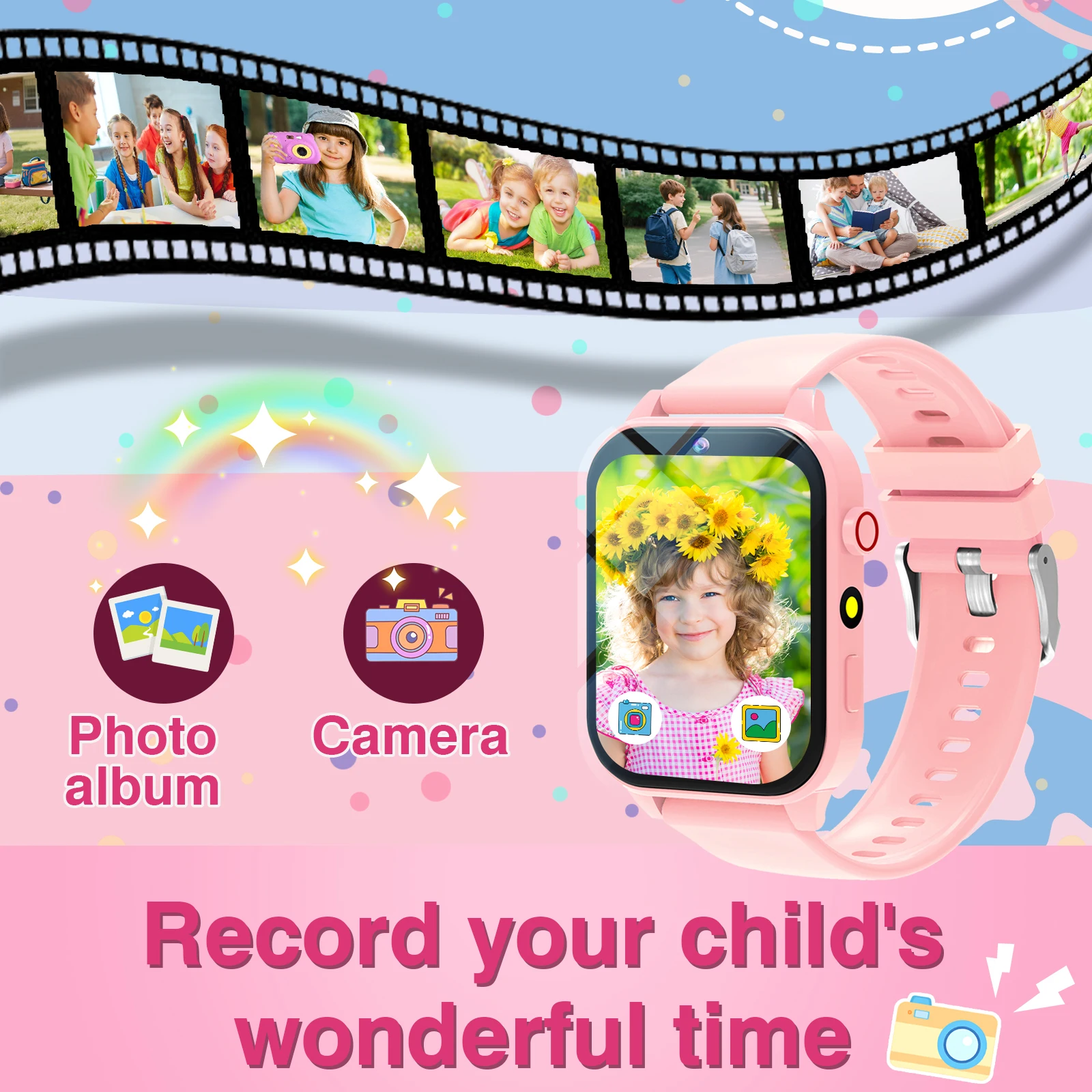 ساعة ذكية للأطفال مقاس 1.83 بوصة مع كاميرا، ألبوم صور لتسجيل النمو، 18 لعبة مدمجة، آلة حاسبة/تقويم/مصباح يدوي LED، #3