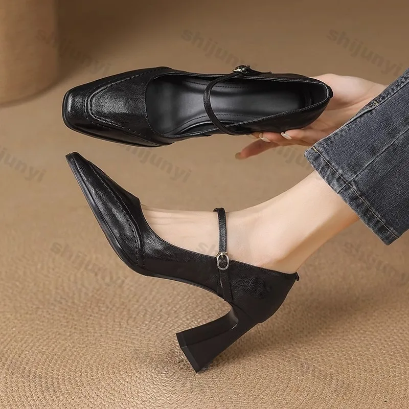 Spring New Women's High Heels French Style Elegant Square Toe Chunky Heel Buckle Pumps Fashion Simple Versatile Mary Jane Shoes