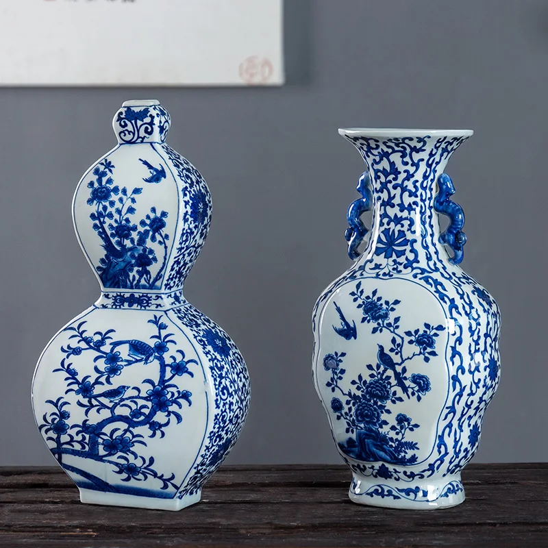 Neoclassical Blue and White Porcelain Flower Vase Flower and Bird Design Two Ear Vase Antique Porcelain Jingdezhen Ornaments