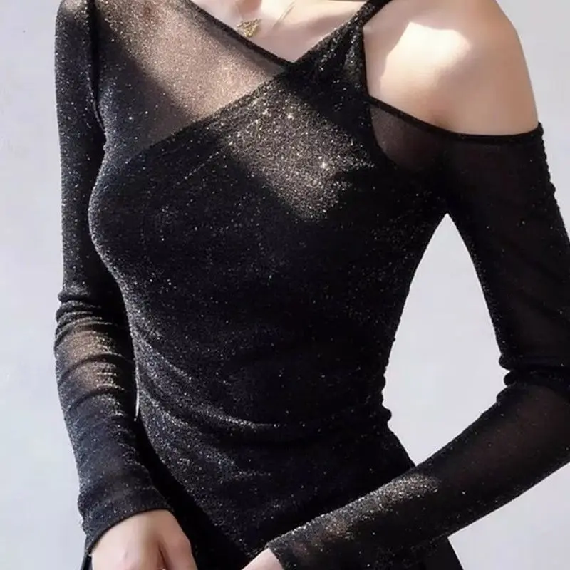Designer Fake Two-piece Bling Sequin Tops Women Long Sleeve Off Shoulder T-Shirt Ladies Sexy Mesh Top  Basic Blouses Slim Tops