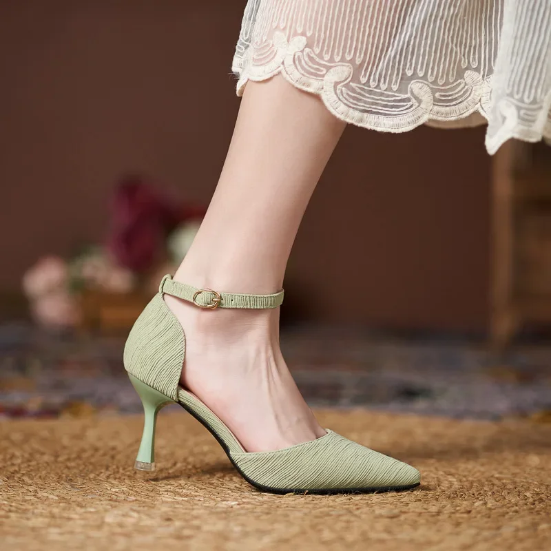 Small Size 31-43 Women\'s Shoes 2024 New High Heels Women Hollow Thin Heel Summer Green Sandals