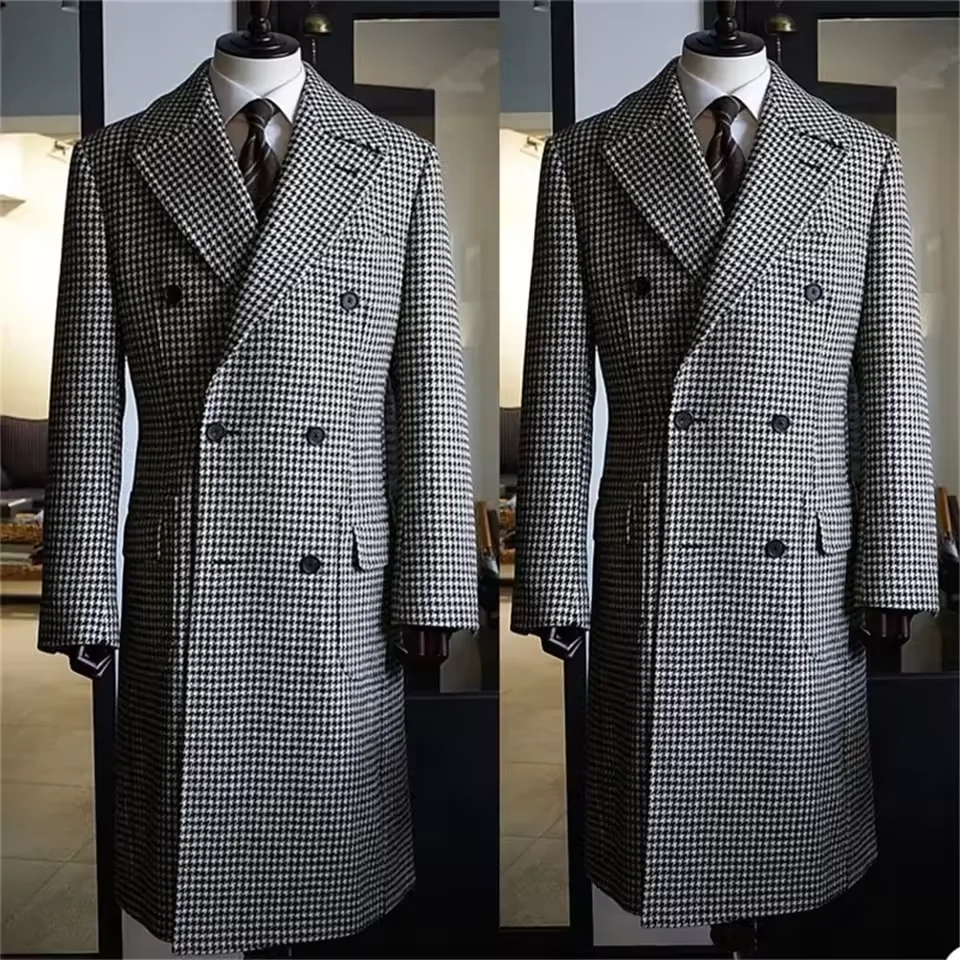 

Houndstooth Men‘s Long Overcoat Casual Woolen Coat Peak Lapel Blazer Plaid Wedding Tuxedos One Piece Costume Homme Mariage