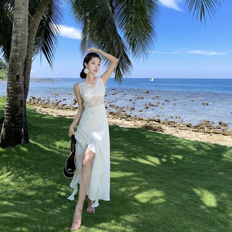 Vaion Sle Lace Splice Floral Cutout Women's Dr Asymmetrical Hemline White Long Vest Skirt High Waist Chiffon Gown