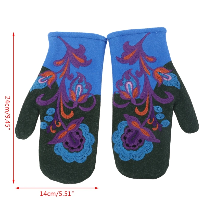 Women Windproof Faux Cashmere Warm Gloves Winter Cold Weather Thicken Thermal Warm Floral Embroidery Full Finger Mittens