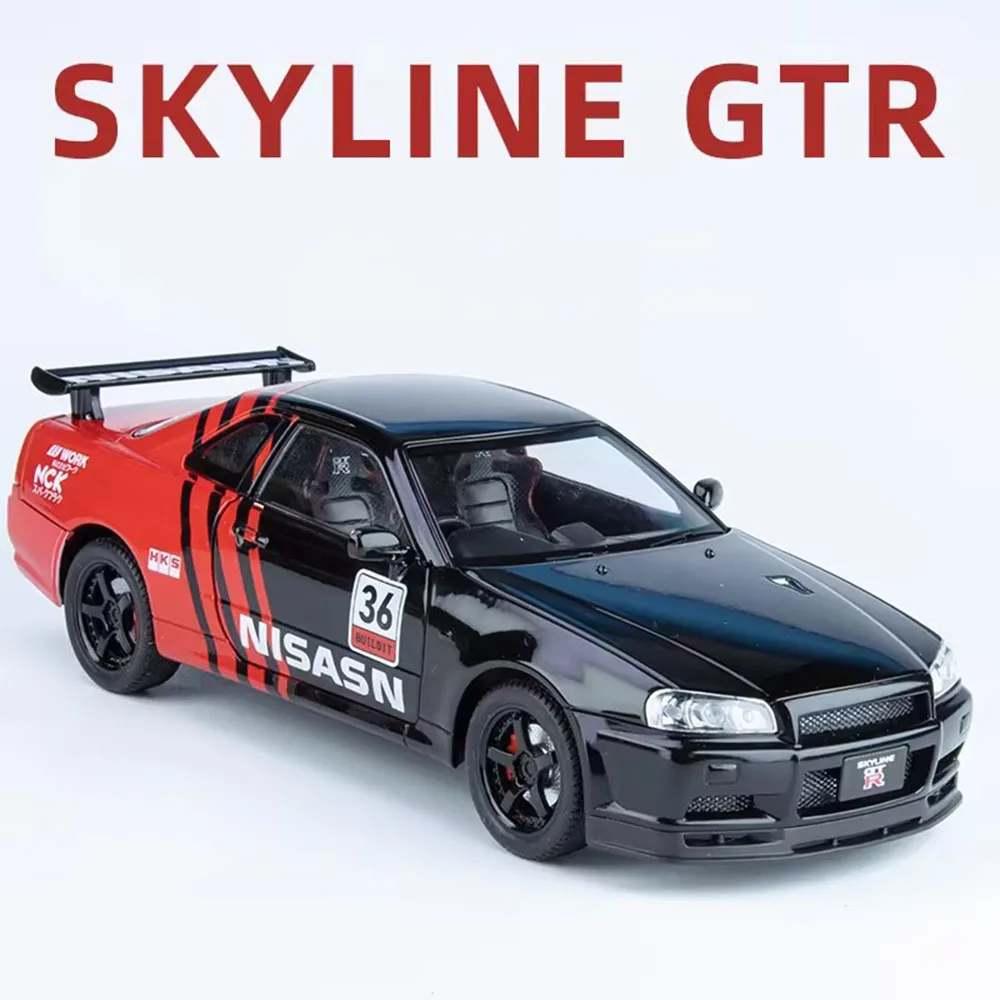 1:24 Nissan SKYLINE GTR Car Toys Model Alloy Diecast Sports Car with Sound Light Pull Back Door Open Vehicle Ornament Boy Gift