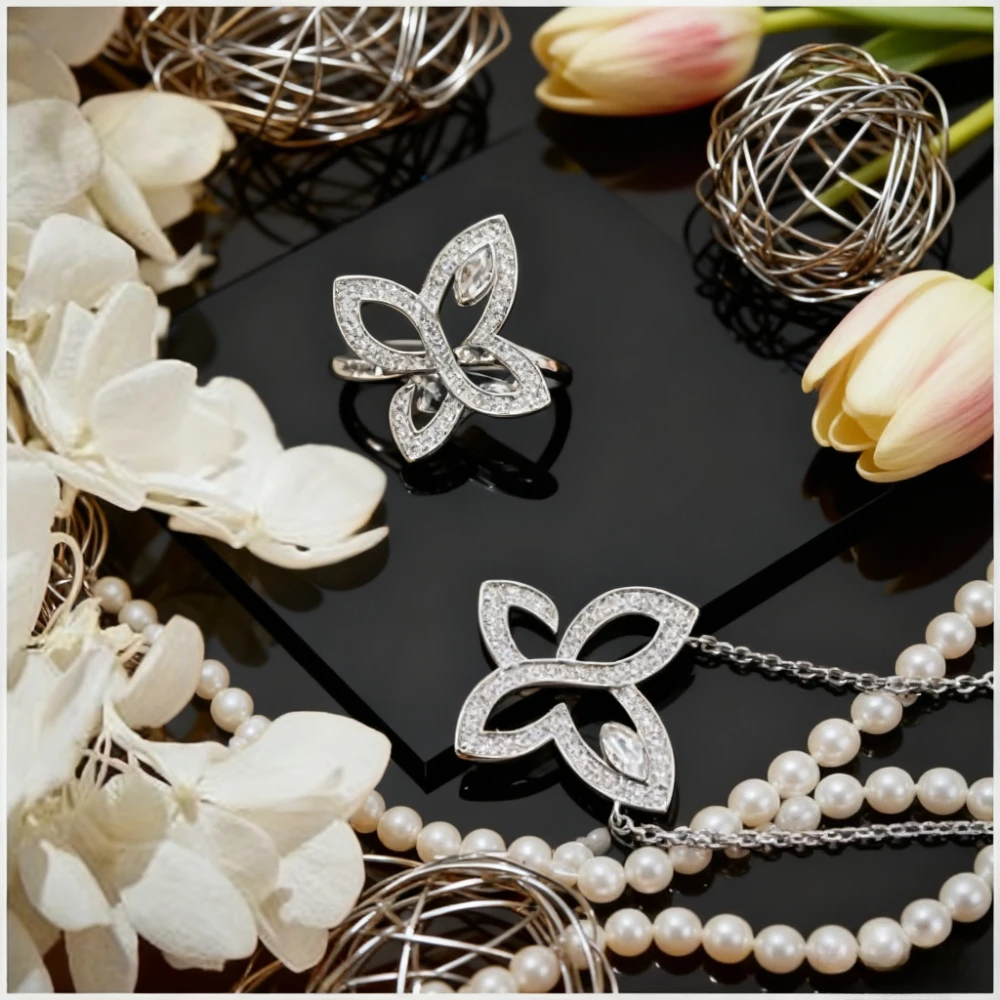 

Premium Jewelry Designer Collection Women's Full Cubic Zircon Butterfly Pendant Necklace Earrings Rings Dinner Party Set