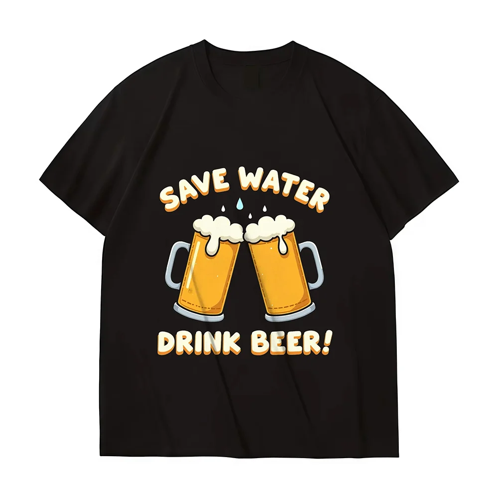 

2025 Summer Men's Round Neck Short-sleeved shirt With Beer Print Pattern Cotton Printed Casual Short-sleeved Motorcycle Top