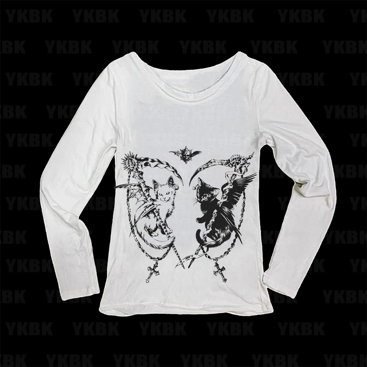 Gothic Alt Women Dual Winged Cat Scythe Chain Cross Print Long Sleeve Tee Scoop Neck Slim Y2K Dark Aesthetic Fitted Top