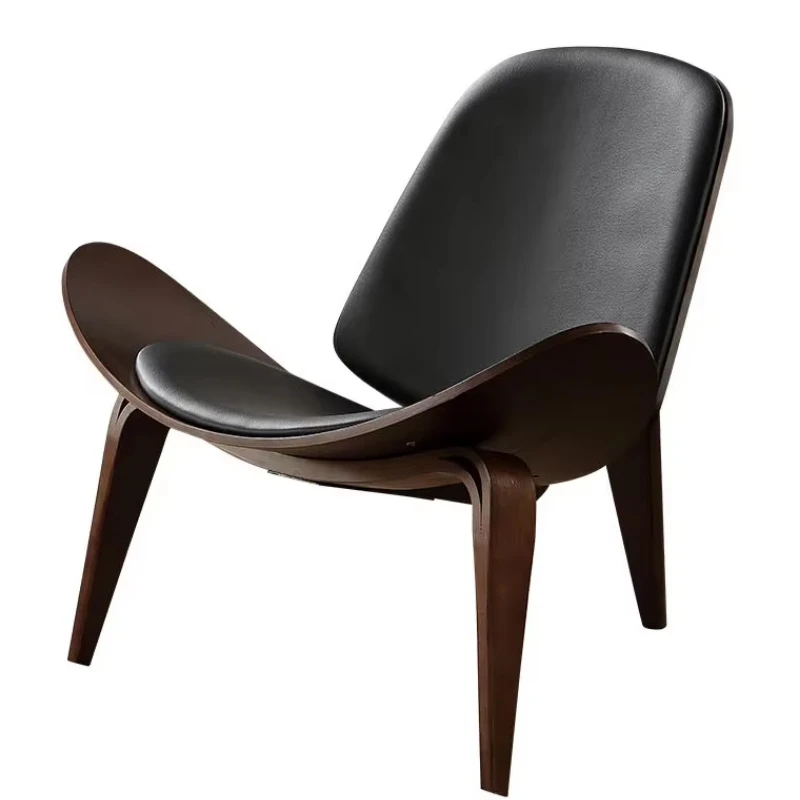 High-Quality Solid Wood Shell Chair - Three-Legged Ash Plywood, Black Faux Leather Living Room Furniture, Modern Leisure Chairs