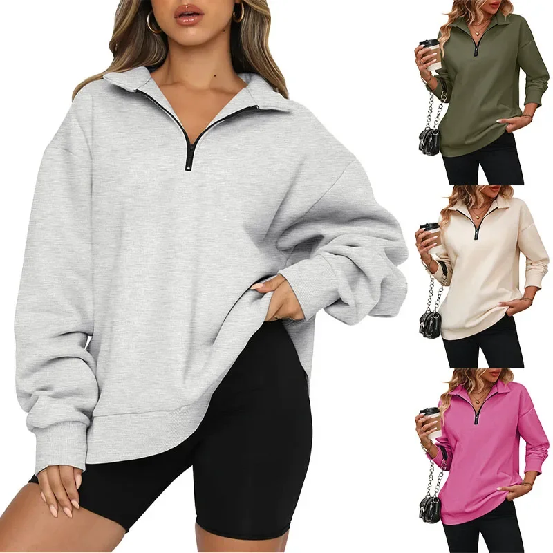 

2023 New Autumn and Winter Casual Simple Polo Neck Half Zip Long Sleeve Temperament Commuter Women's Sweatshirt Brushed Sweater