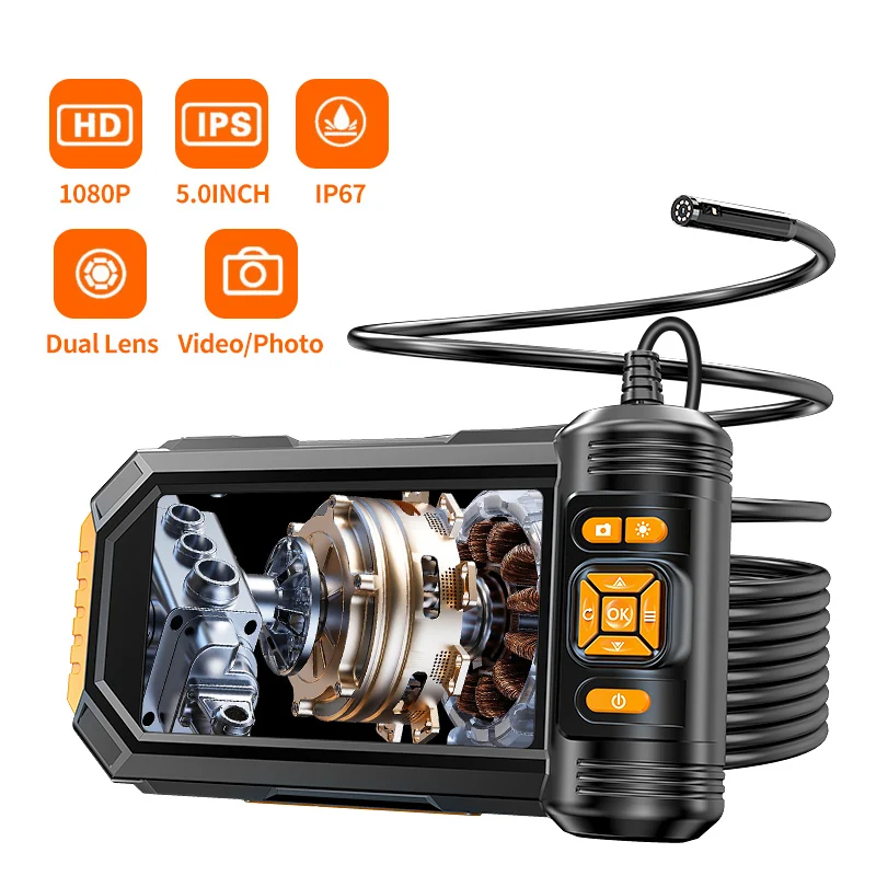 5.5mm Dual Lens Snake Inspection Camera 5 inches LCD Enoscope with Light 1080P Automotive Borescope 6 LED IP67 Zoom for Home Car