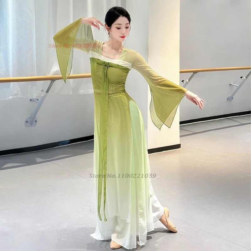 2025 الصينية خمر ملابس رقص الشعبية التدرج اللون شبكة hanfu بلايز + فستان أطفال مع سروال داخلي خمر فستان من الشيفون مرحلة الأداء