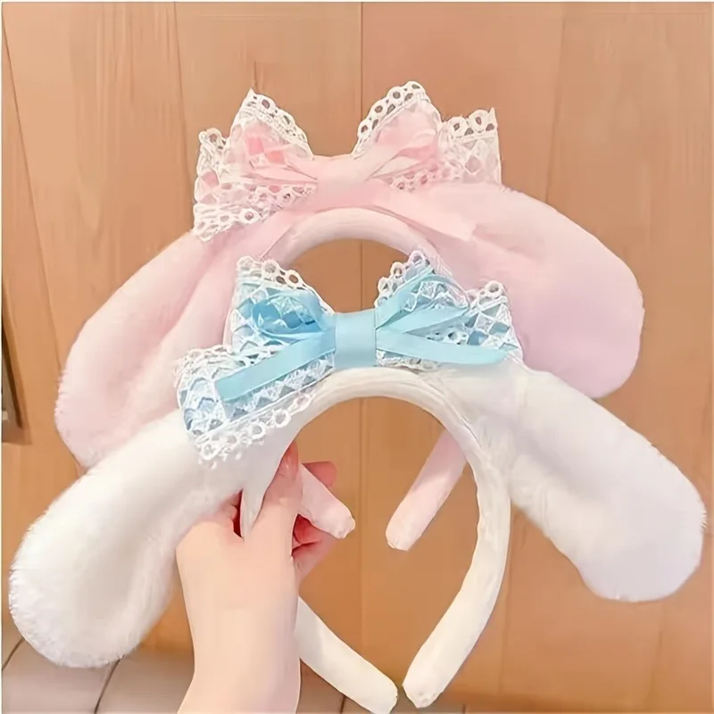 Adorable Cinnamoroll Ears Headband with Bow Fluffy Puppy Headpiece for Women Girls Halloween Cosplay Accessory