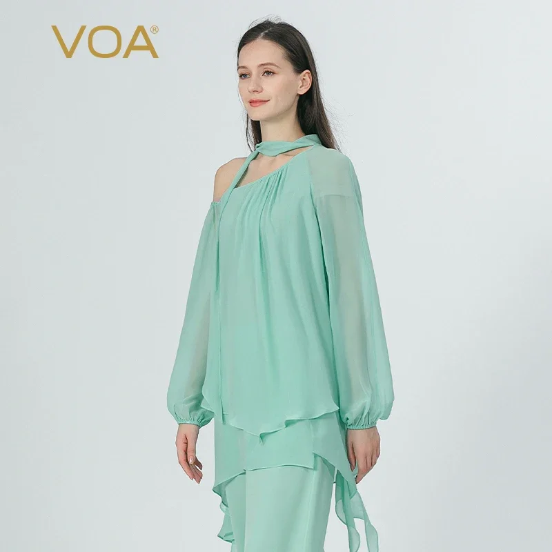 

VOA двухслойный Georgette Silk Azure офисный фонарь с длинными рукавами женские топы с косым воротником свободная футболка женская одежда BE1232