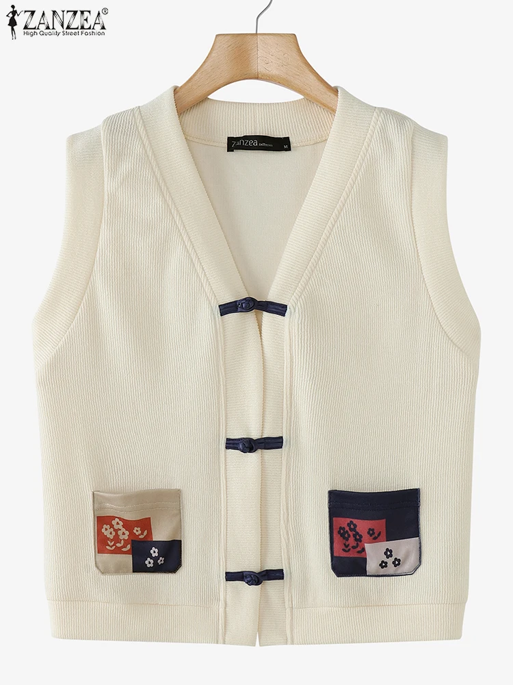 

ZANZEA, осенние жилеты с v-образным вырезом, женские жилеты с карманами и принтом, модные жилеты 2025 года, повседневные пальто без рукавов Femininas